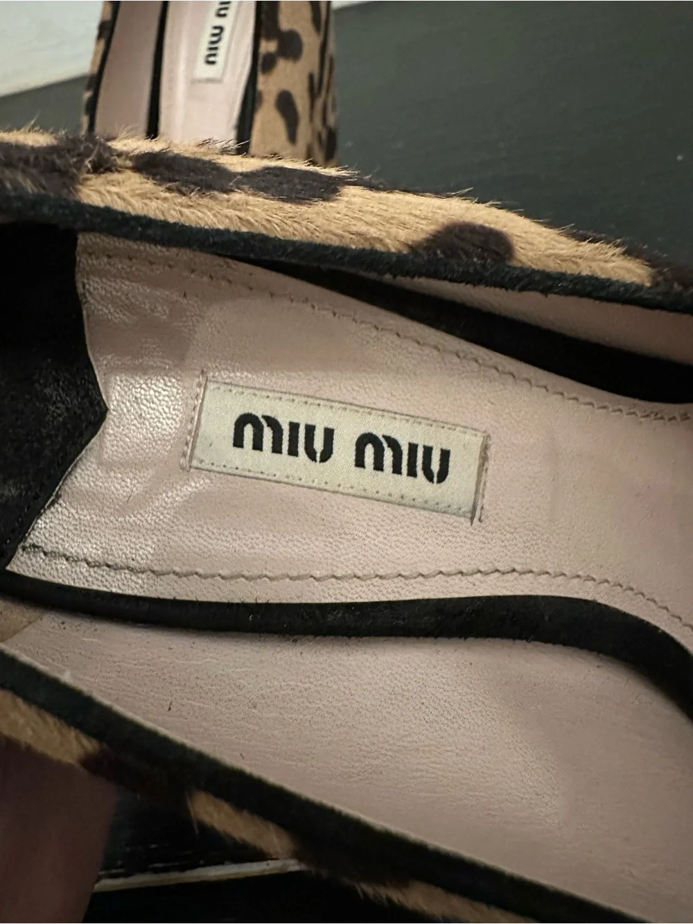 Miu Miu Leopard Print Calf Hair Pumps in Tan and Black